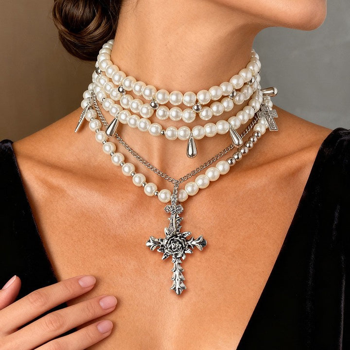Vintage Layered Pearl Cross Necklace