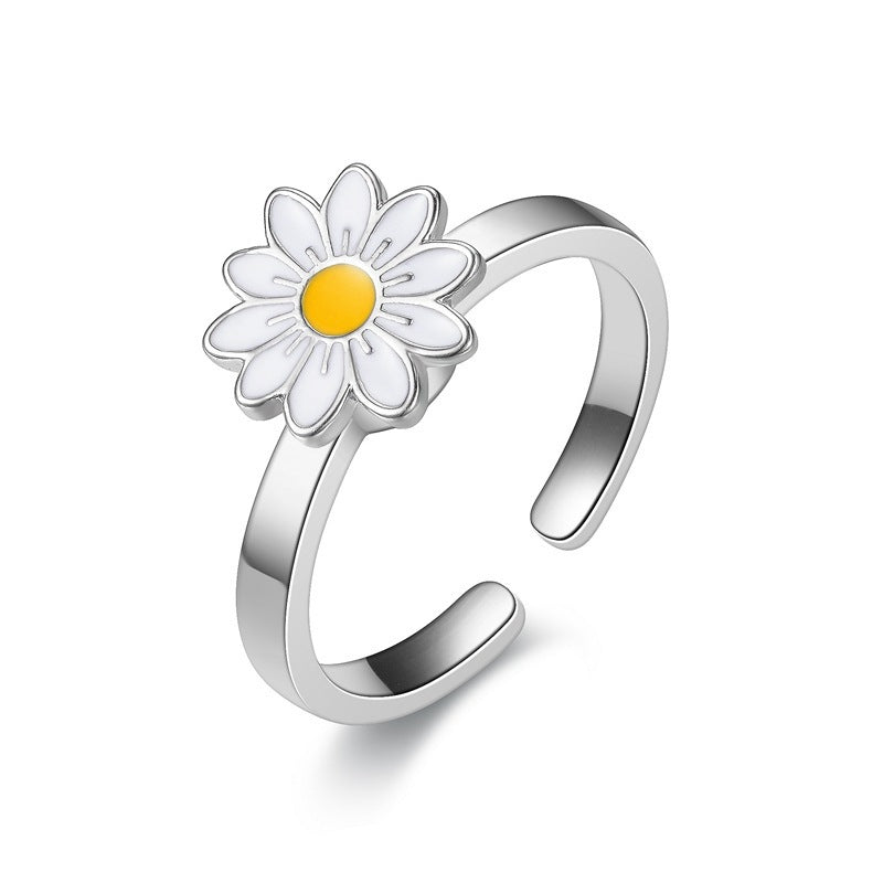 Floral &amp; Symbolic Open Adjustable Ring Collection Sunflower Evil Eye Rabbit Diamond Jewelry for Women