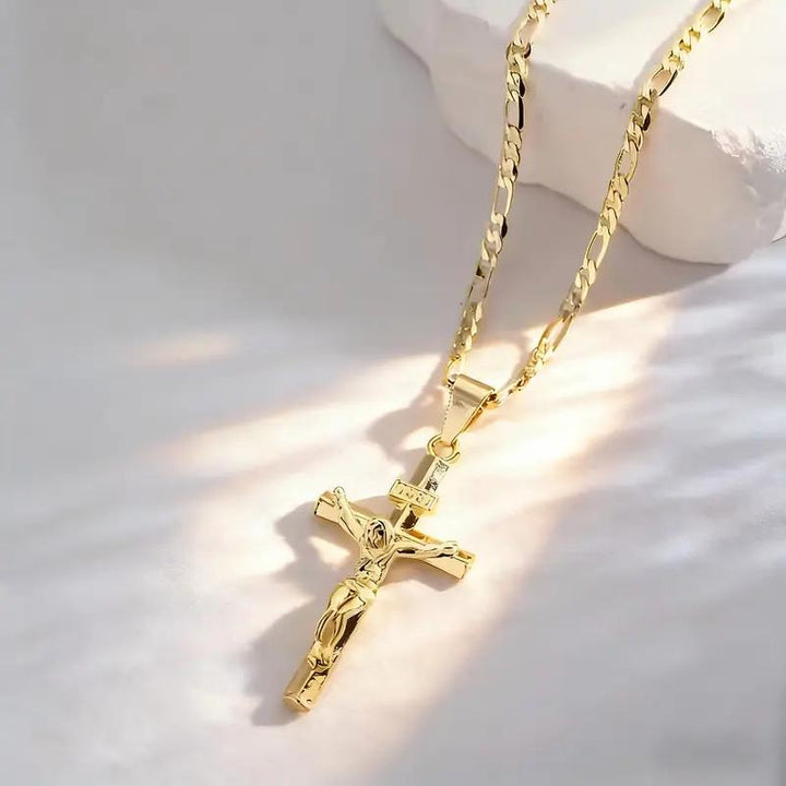 Saint Michael &amp; Cross Diamond Pendant Necklace Figaro Chain Religious Jewelry for Men