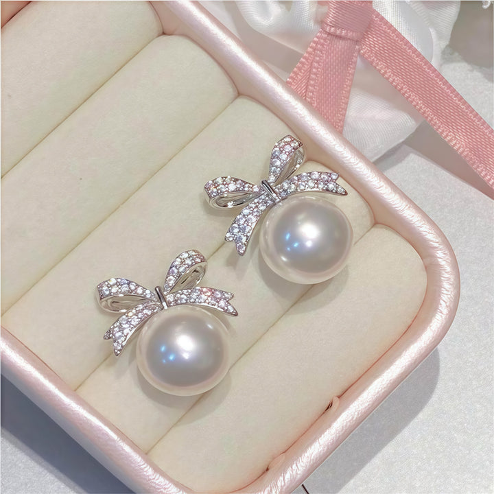 Crystal Bow Pearl Stud Earrings Sterling Silver