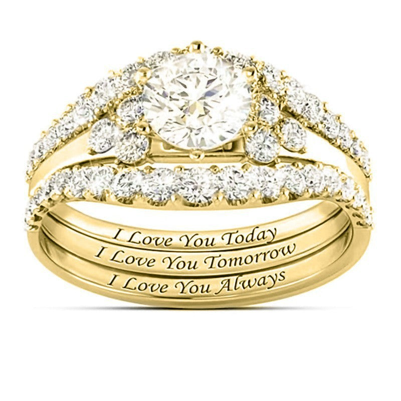 "I Love You" Engraved 3-Piece Bridal Ring Set with Diamonds