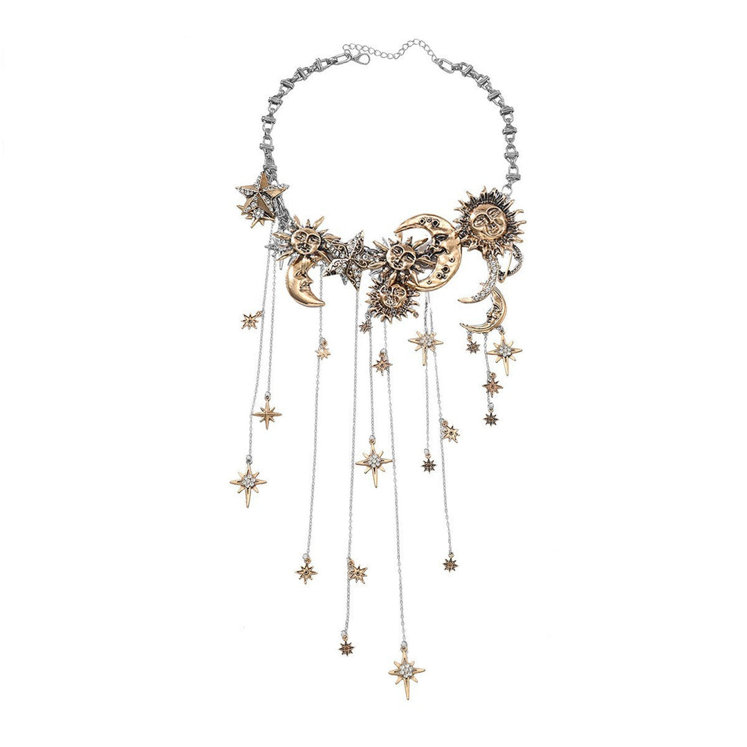 Celestial Sun Moon Star Fringe Necklace Two-Tone Crystal Statement Jewelry for Women