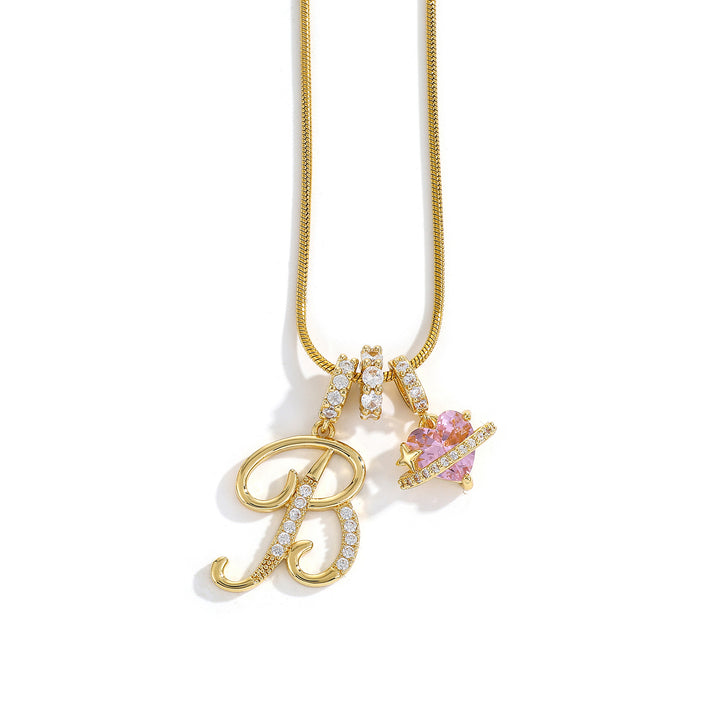 26 Letters & Pink Heart Planet Pendant Necklace Personalized Diamond Snake Chain Necklace for Women
