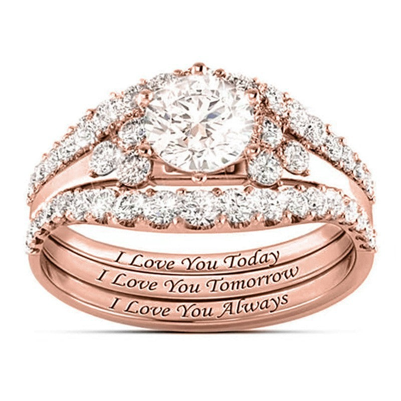 "I Love You" Engraved 3-Piece Bridal Ring Set with Diamonds