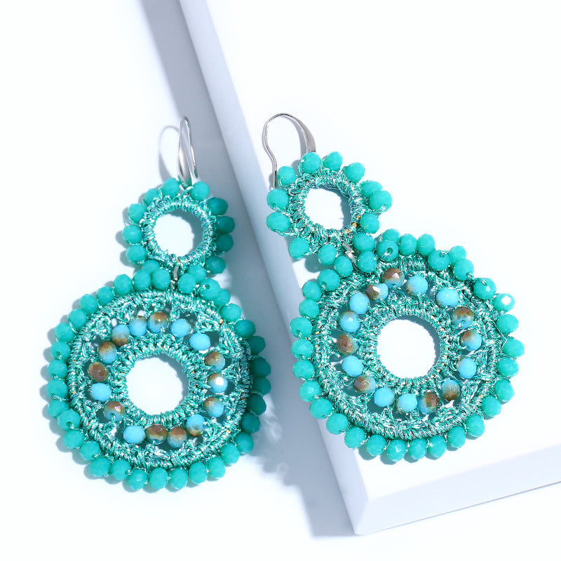 Boho Double Circle Beaded Drop Earrings Colorful Handwoven Statement Earrings for Women