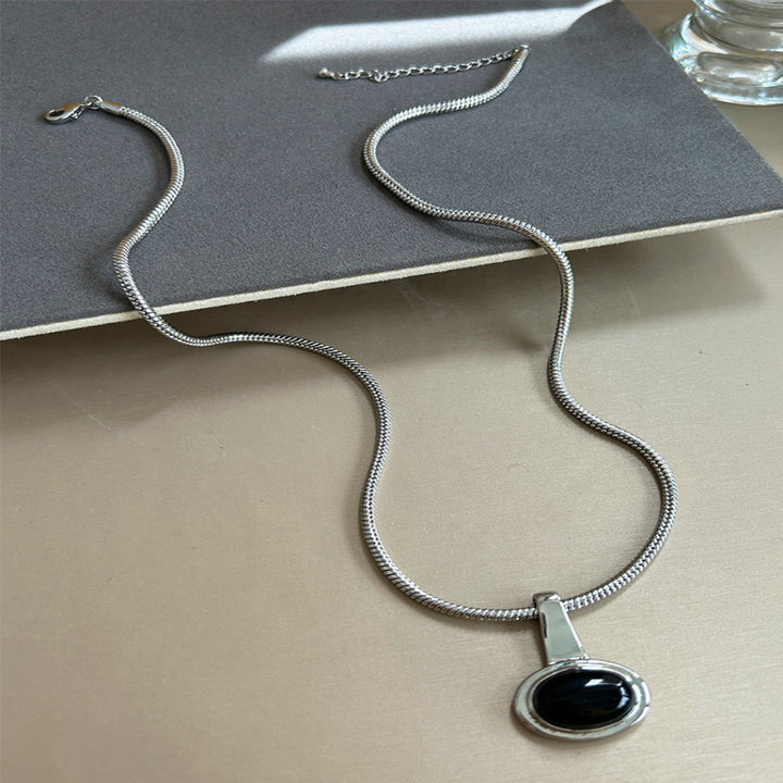 Black Gemstone Necklace With Snake Chain And Round Pendant