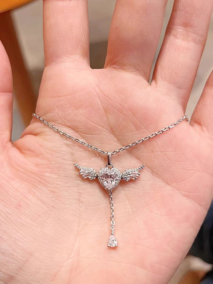 Pink Heart Wing Lariat Necklace - Sparkling Angel Y-Diamond Necklace for Women