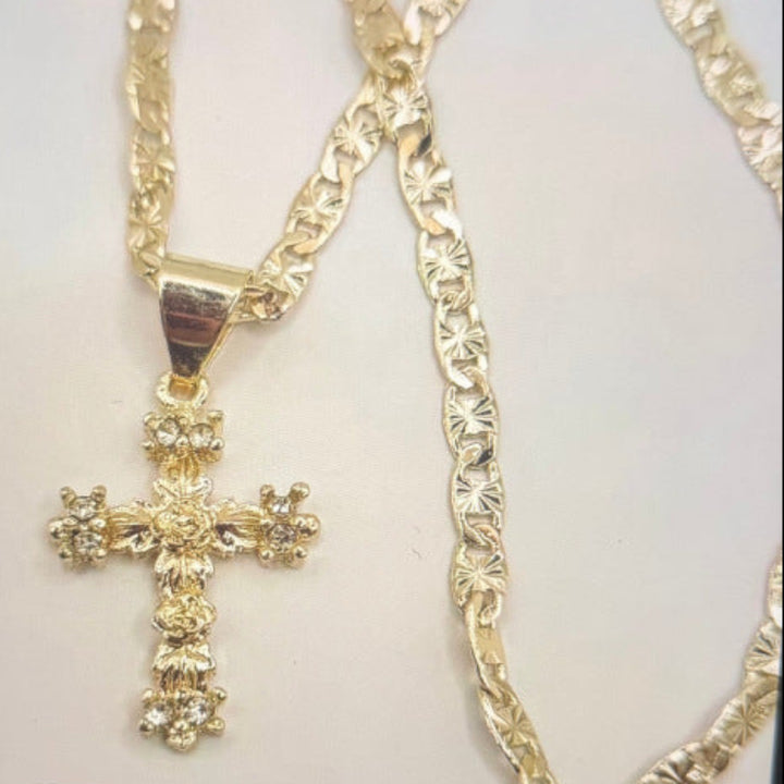 Saint Michael &amp; Cross Diamond Pendant Necklace Figaro Chain Religious Jewelry for Men