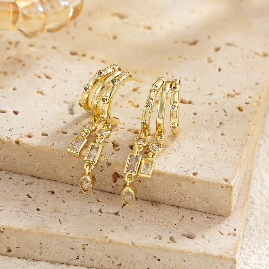 Layered C-Shaped Drop Earrings - Geometric Diamond Chandelier Earrings for Women
