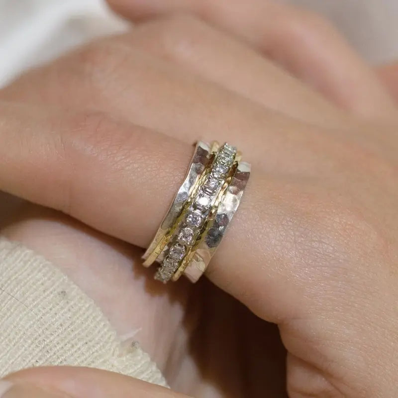 Two Tone Hammered Stacked Band Ring Handcrafted Layered Statement Jewelry For Women