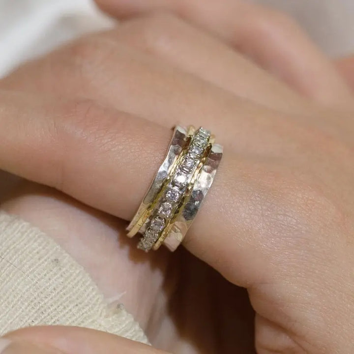 Two Tone Hammered Stacked Band Ring Handcrafted Layered Statement Jewelry For Women