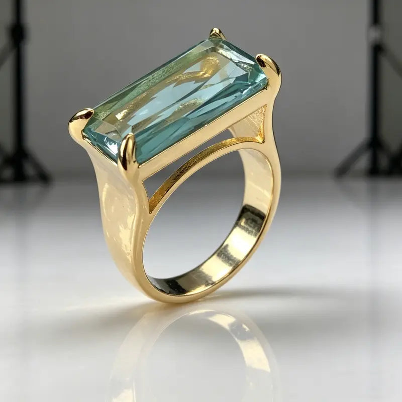 Rectangular Aquamarine Tone Gemstone Ring Four Prong Setting Solid Silver 18K Gold Finish Statement Ring For Women