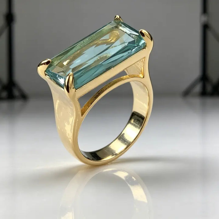 Rectangular Aquamarine Tone Gemstone Ring Four Prong Setting Solid Silver 18K Gold Finish Statement Ring For Women