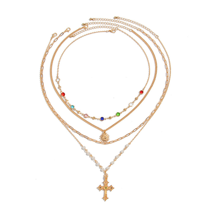 Minimalist Cross Layered Necklace Set with Colorful Gems