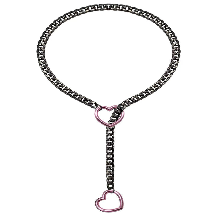 Double Heart Lariat Choker Necklace Cuban Chain Y-Shaped Jewelry for Women