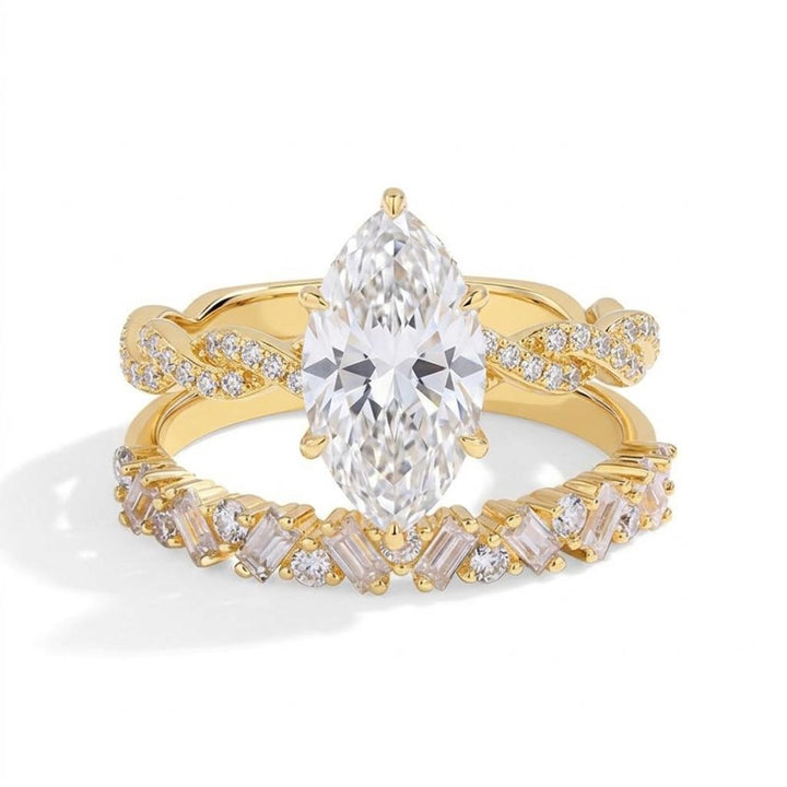 Marquise Cut Diamond Engagement Ring Set Twisted Band &amp; Baguette Wedding Band for Women