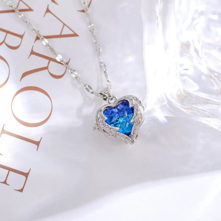 Heart of the Ocean Gemstone Pendant Necklace Romantic Winged Jewelry