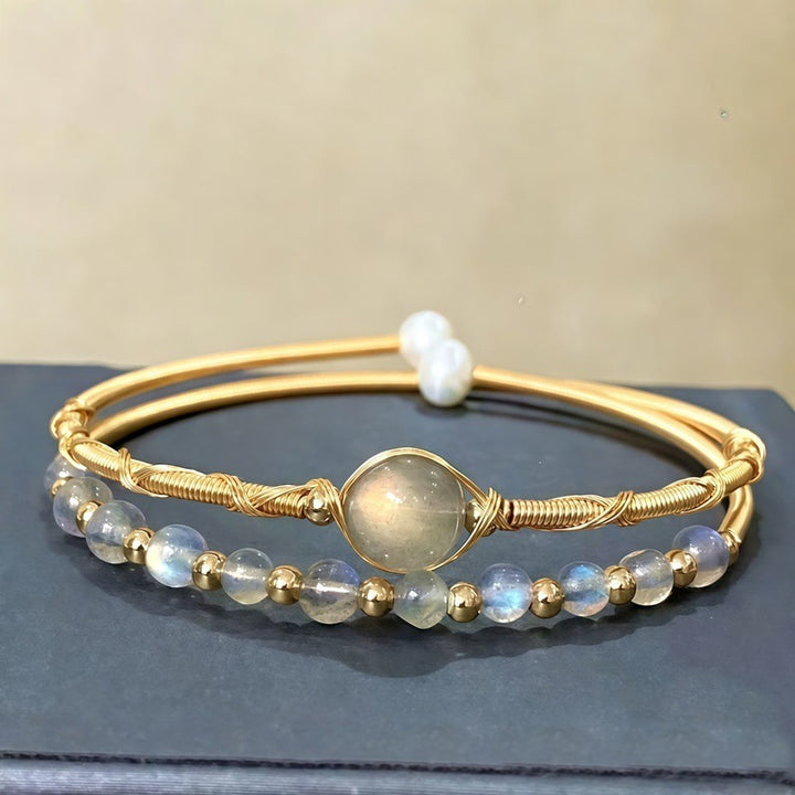 Sterling Silver Plated 14K Gold Hand Wire Wrapped Labradorite Stackable Bracelet Set