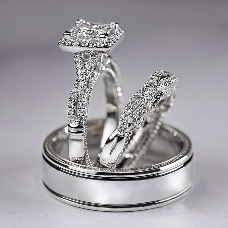 Princess Cut Halo Bridal Ring Set 14K Gold Diamond Wedding Trio
