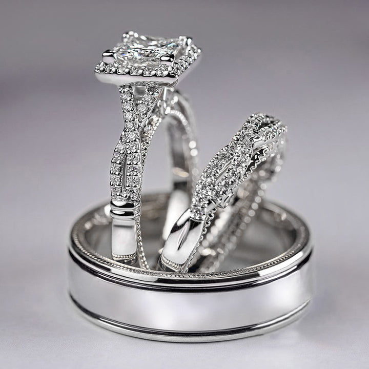 Princess Cut Halo Bridal Ring Set 14K Gold Diamond Wedding Trio