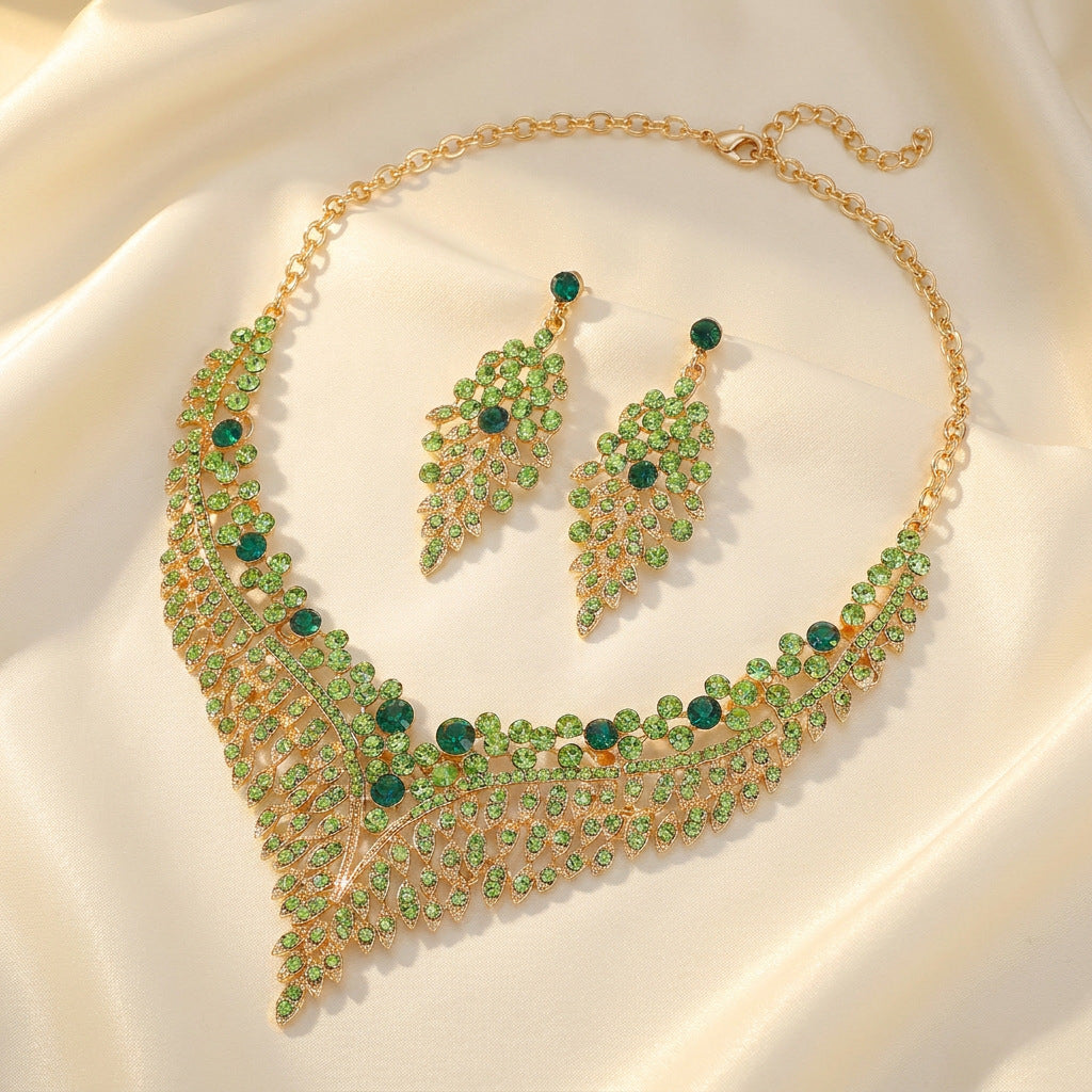 Leaf V Shape Diamond Necklace and Earrings Set Women Statement Wedding Bridal Jewelry Set