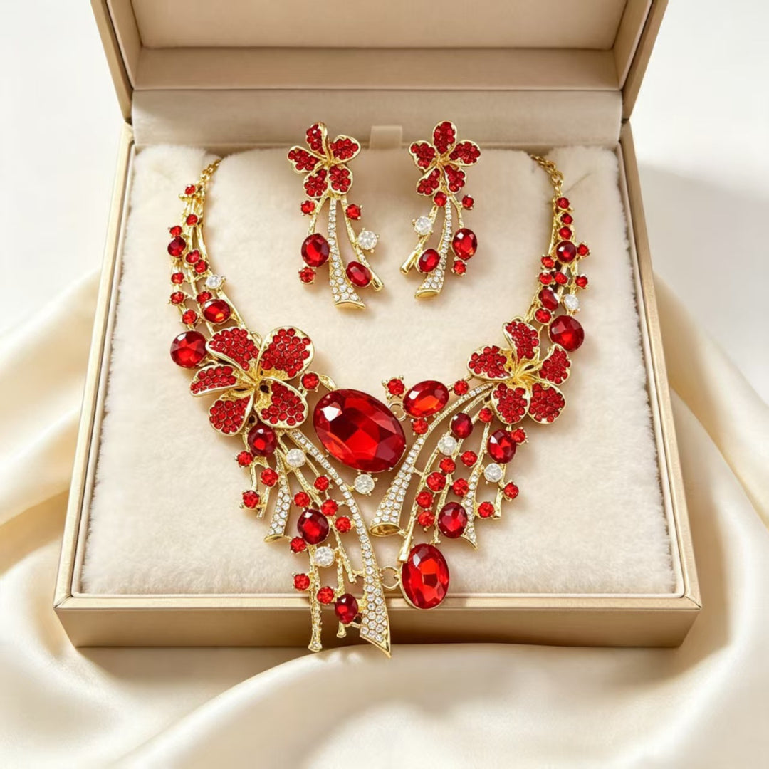 Ruby Flower Jewelry Set Women Necklace Earrings Gold Red Diamond Luxury Bridal Gift