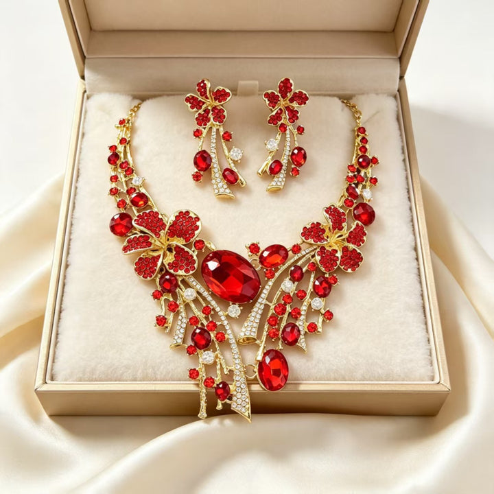 Ruby Flower Jewelry Set Women Necklace Earrings Gold Red Diamond Luxury Bridal Gift