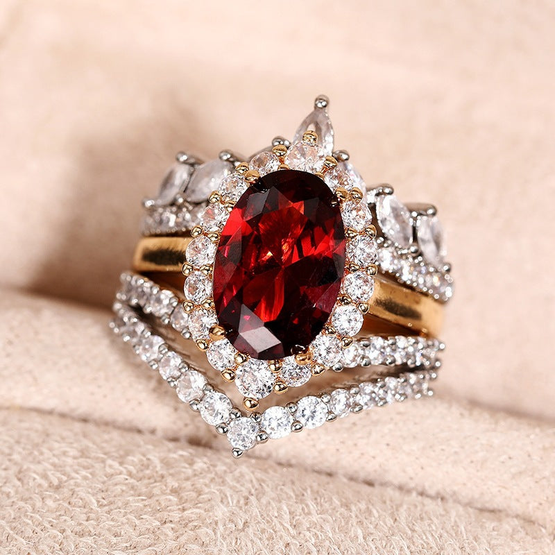 Vintage Oval Gemstone Diamond Three Piece Ring Set Two Tone Stackable Womens Rings