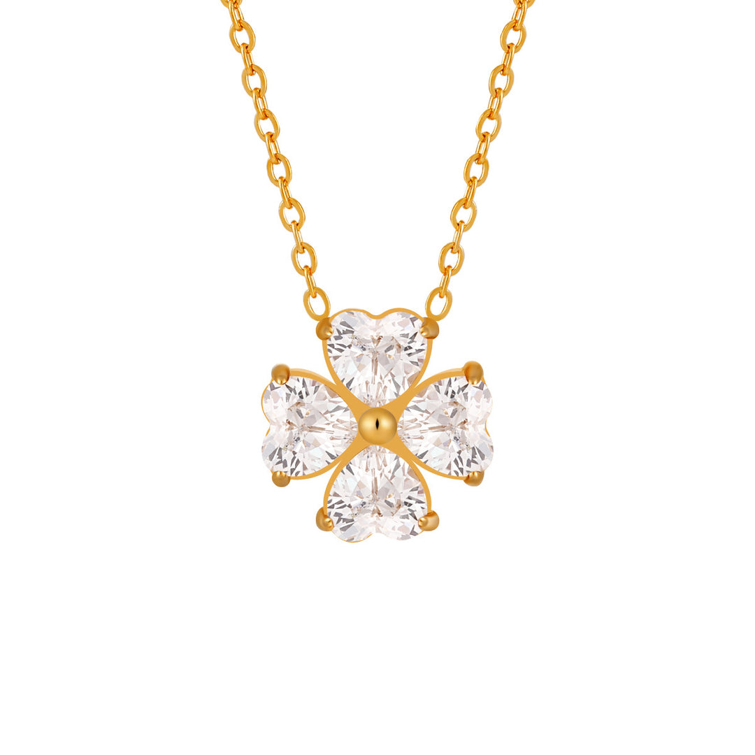 Four Leaf Clover Heart Cut Diamond Pendant Necklace Women Gold Tone Flower Necklace