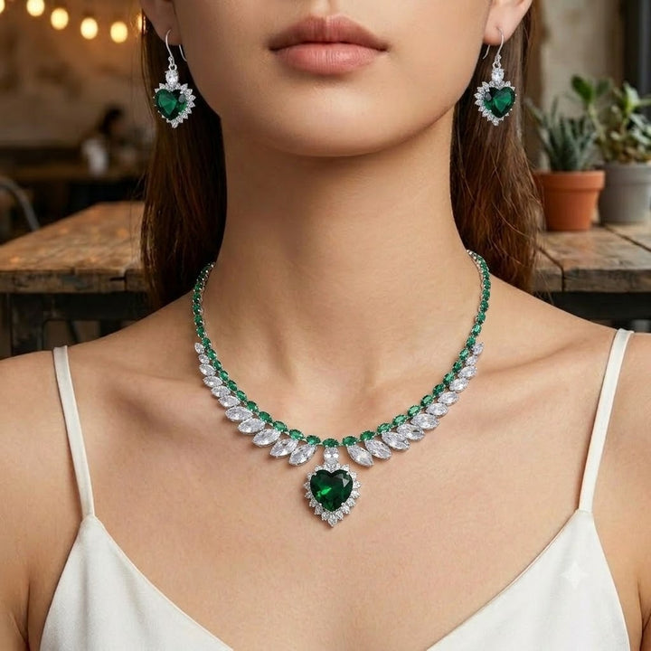Emerald Green Heart Jewelry Set Women Necklace Earrings Diamond Silver Luxury Gift