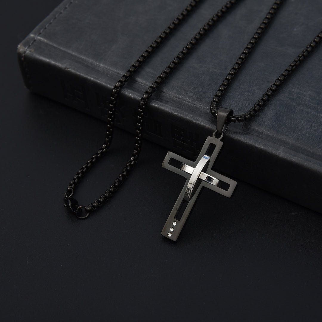 Cross Pendant Necklace Men Stainless Steel Black Silver Gold Box Chain Religious Jewelry Gift
