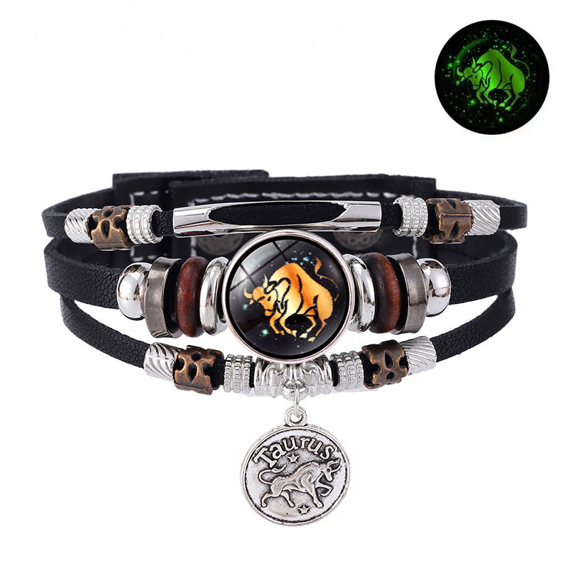 Zodiac Sign Leather Bracelet Men Women Glow in the Dark Multilayer Constellation Jewelry Gift