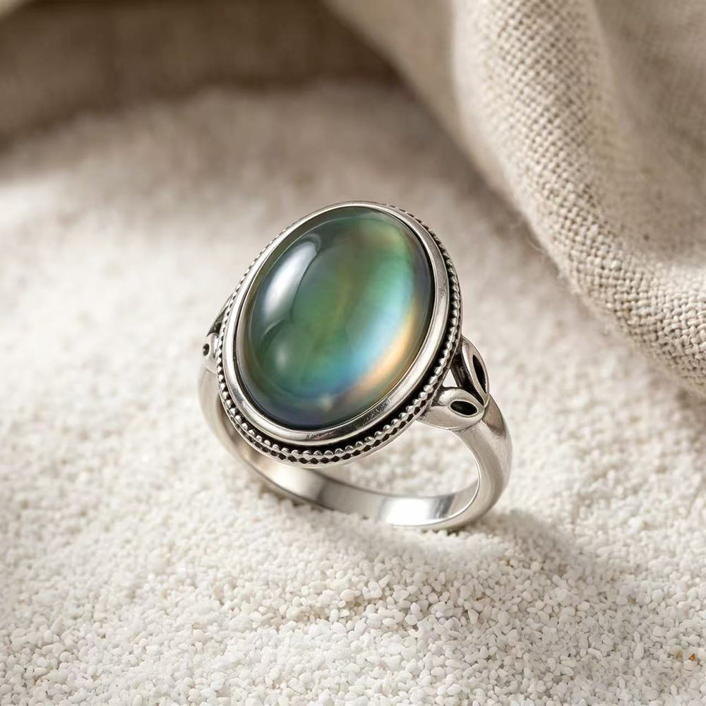 Vintage Oval Natural Gemstone Ring For Women Pure Silver Statement Ring