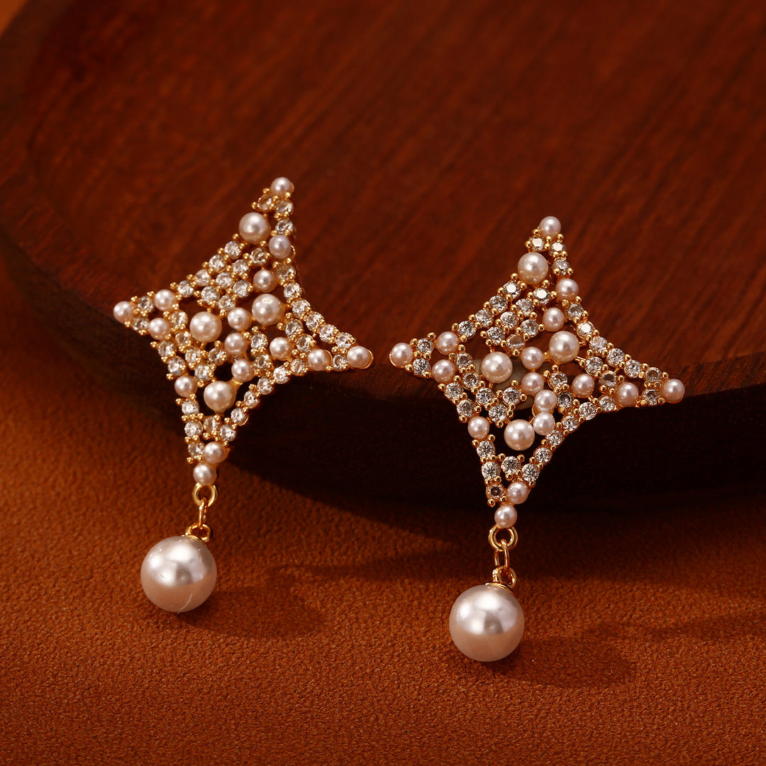 Star Pearl Drop Earrings Women Diamond Crystal Gold Silver Luxury Elegant Jewelry Gift