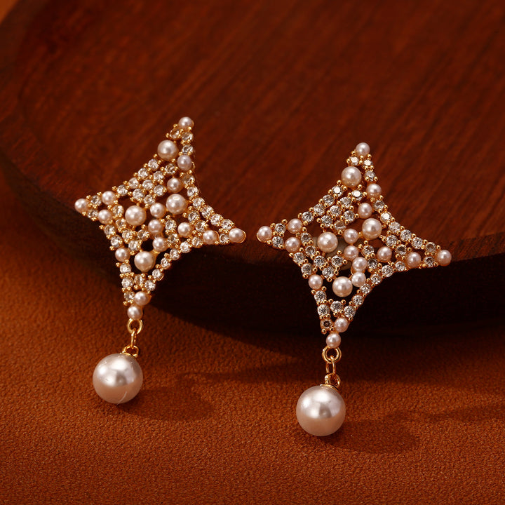 Star Pearl Drop Earrings Women Diamond Crystal Gold Silver Luxury Elegant Jewelry Gift