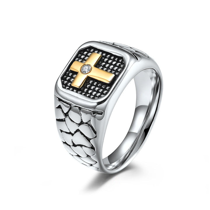 Men's Square Cross Pattern Ring Stone‑Textured Retro Wide Band Ring