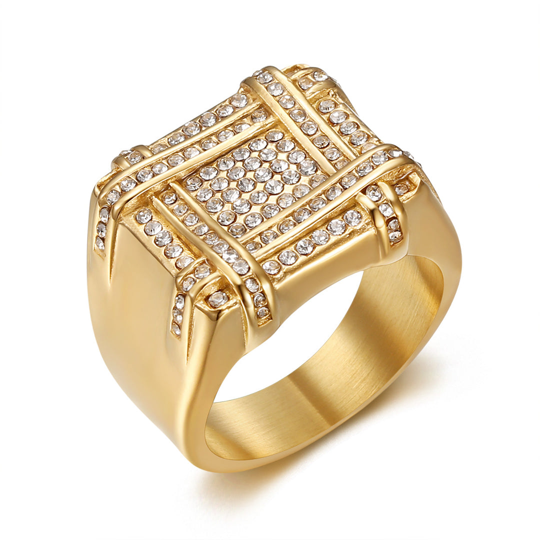 Men's Square Full‑Paved Wide Band Ring Retro Grid Heavy‑Weight Ring