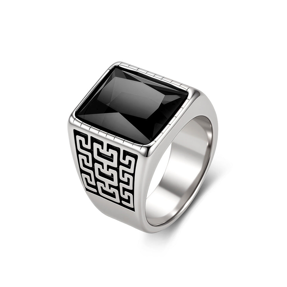 Vintage Geometric Pattern Square Gemstone Men Wide Band Ring