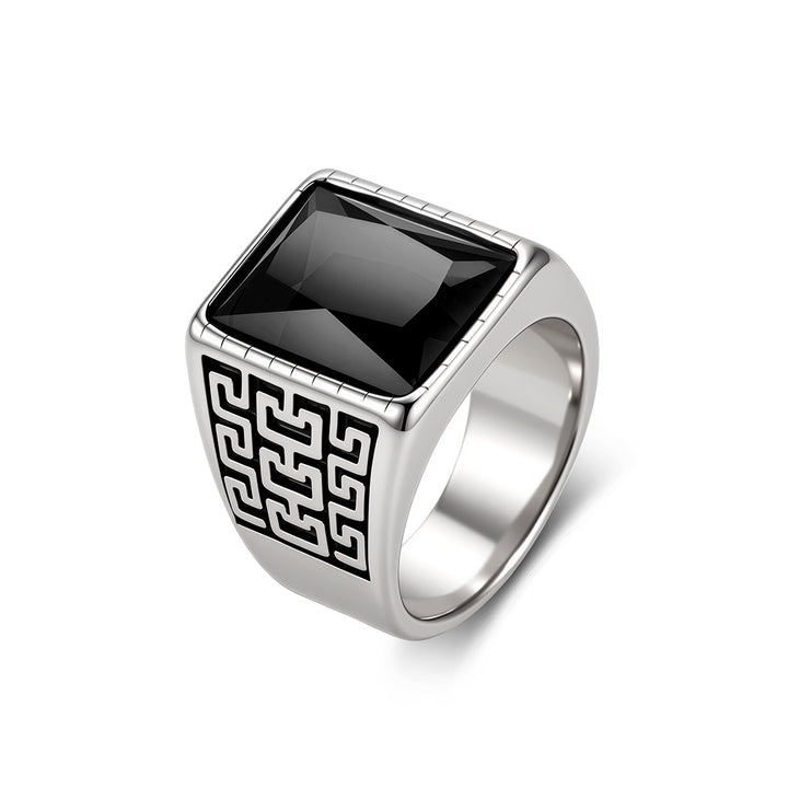 Vintage Geometric Pattern Square Gemstone Men Wide Band Ring