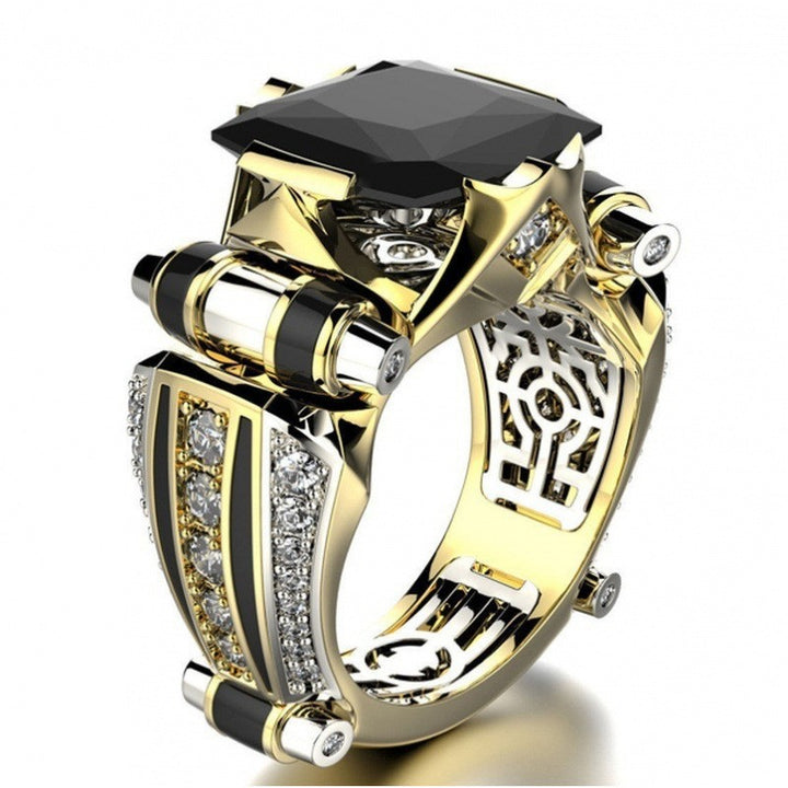 Luxury Heavy‑Set Square Main Stone Men Ring, Bold Statement Hollow‑Out Band