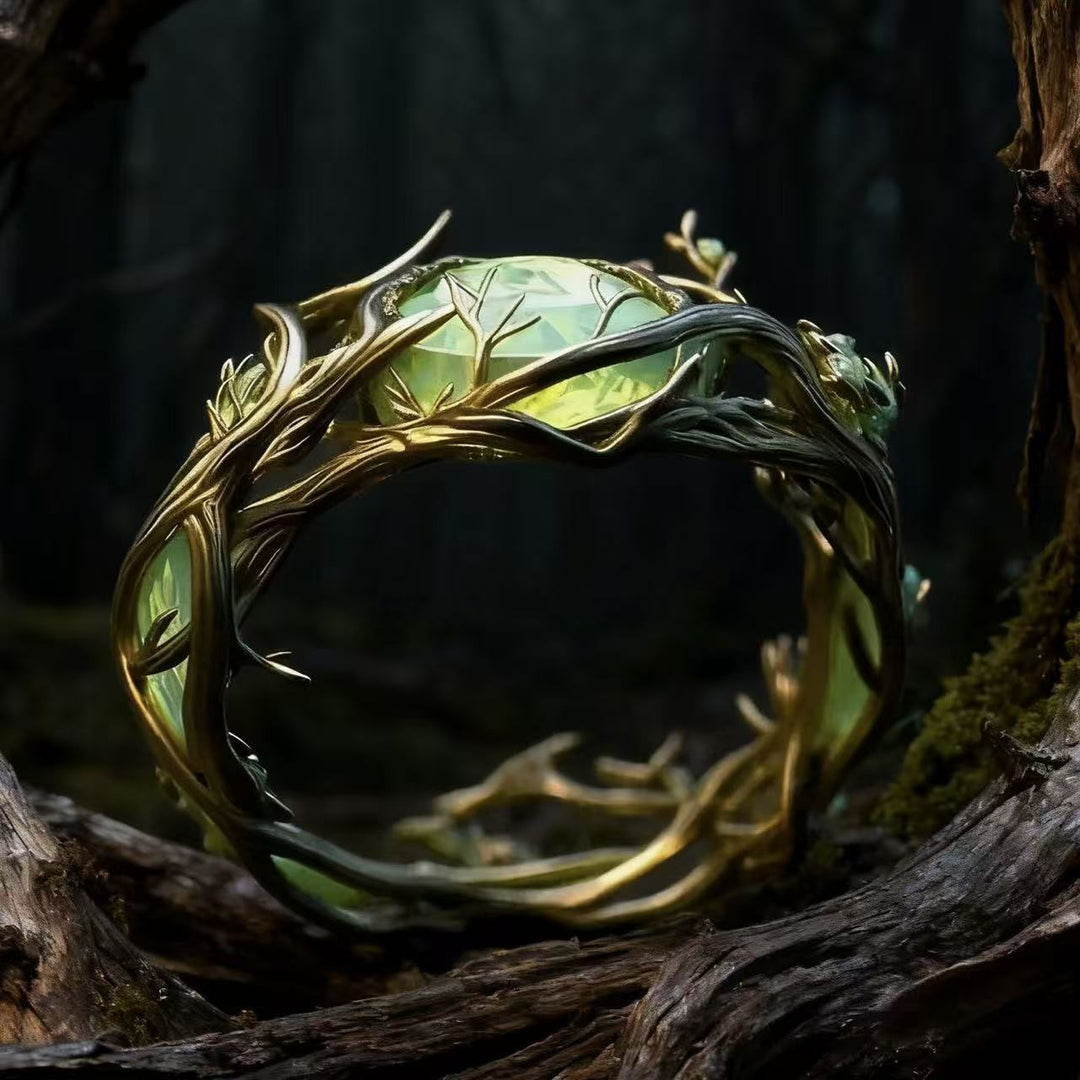 Forest Branch Green Diamond Ring Women Twisted Vine Fairy Elven Nature Wedding Band