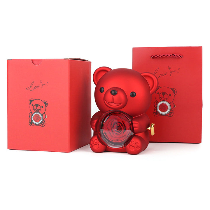 Preserved Rose Bear Jewelry Gift Box Rotatable Bear Storage Case With Matching Gift Bag Romantic Jewellery Present Box