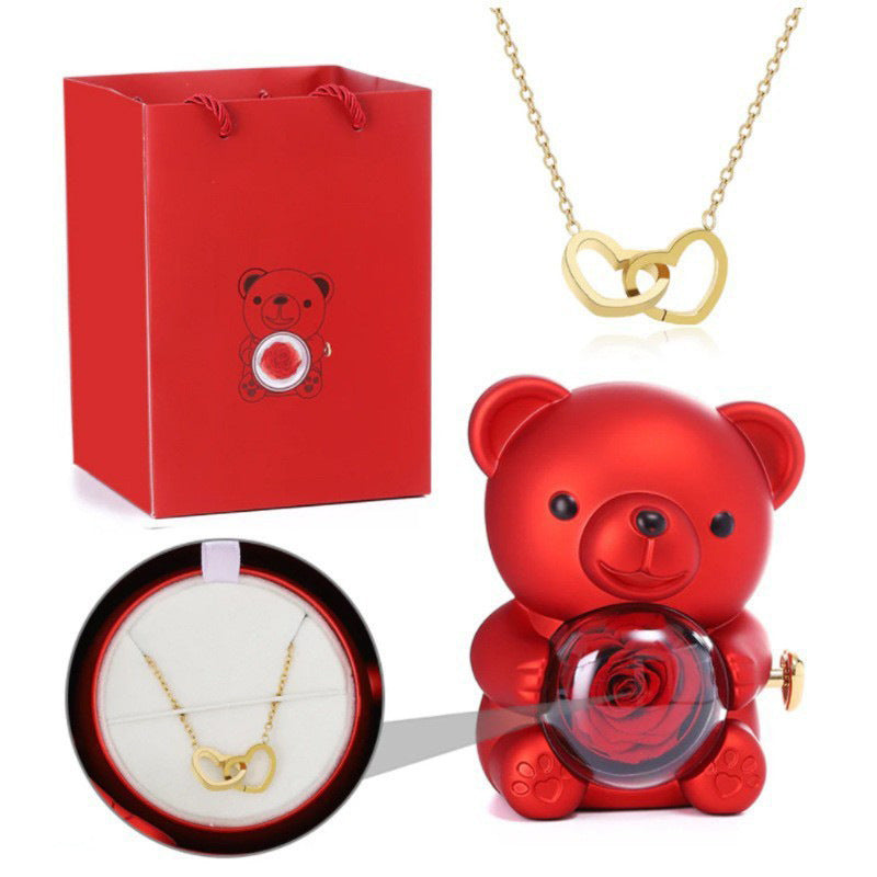 Preserved Rose Bear Jewelry Gift Box Rotatable Bear Storage Case With Matching Gift Bag Romantic Jewellery Present Box