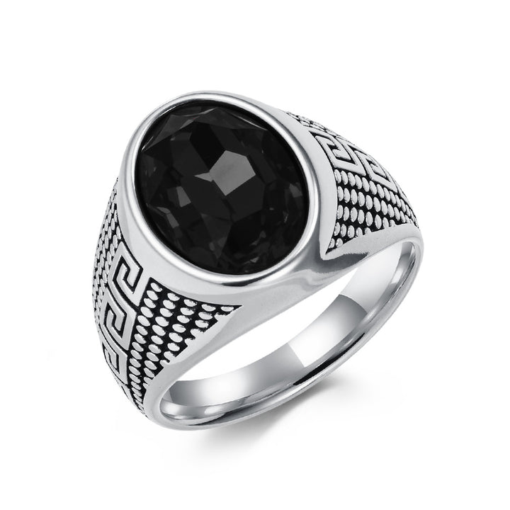 Men's Oval Signet Ring Greek Key Pattern Black Obsidian Blue Stone Titanium Steel Pinky Ring