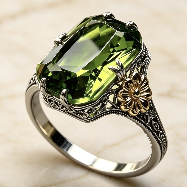 Vintage Emerald Cut Gemstone Flower Ring Women Art Deco Filigree Two Tone Statement Ring