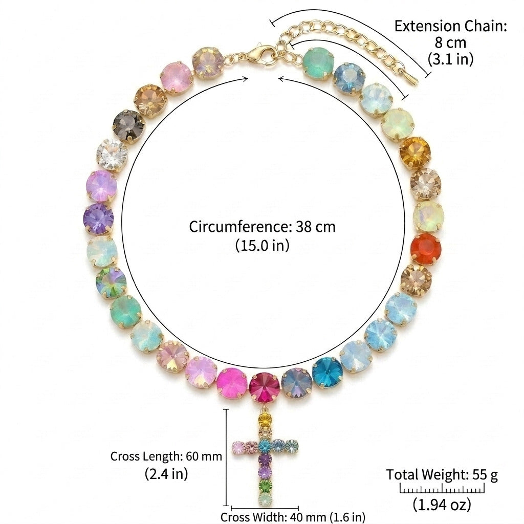 Pastel Rainbow Cross Tennis Necklace Women Colorful Crystal Gold Statement Jewelry Gift