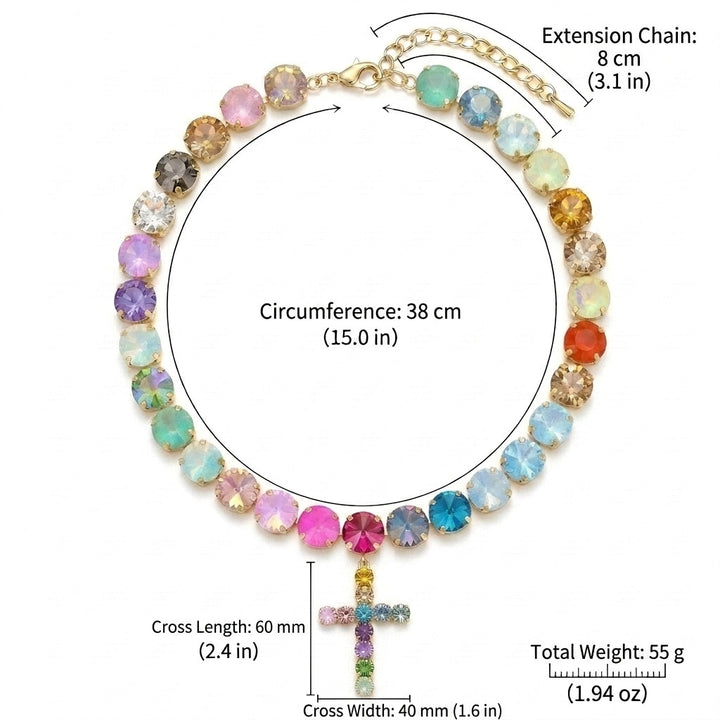 Pastel Rainbow Cross Tennis Necklace Women Colorful Crystal Gold Statement Jewelry Gift