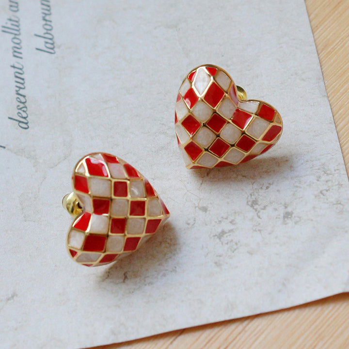 Checkered Heart Stud Earrings, Retro Contrast‑Color Heart‑Shaped Jewelry