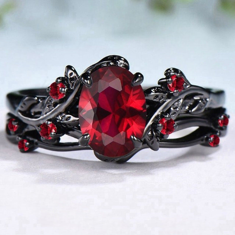 Dark‑Tone Vine‑Style Oval Gem Ring, Hollow Twisted‑Branch Band