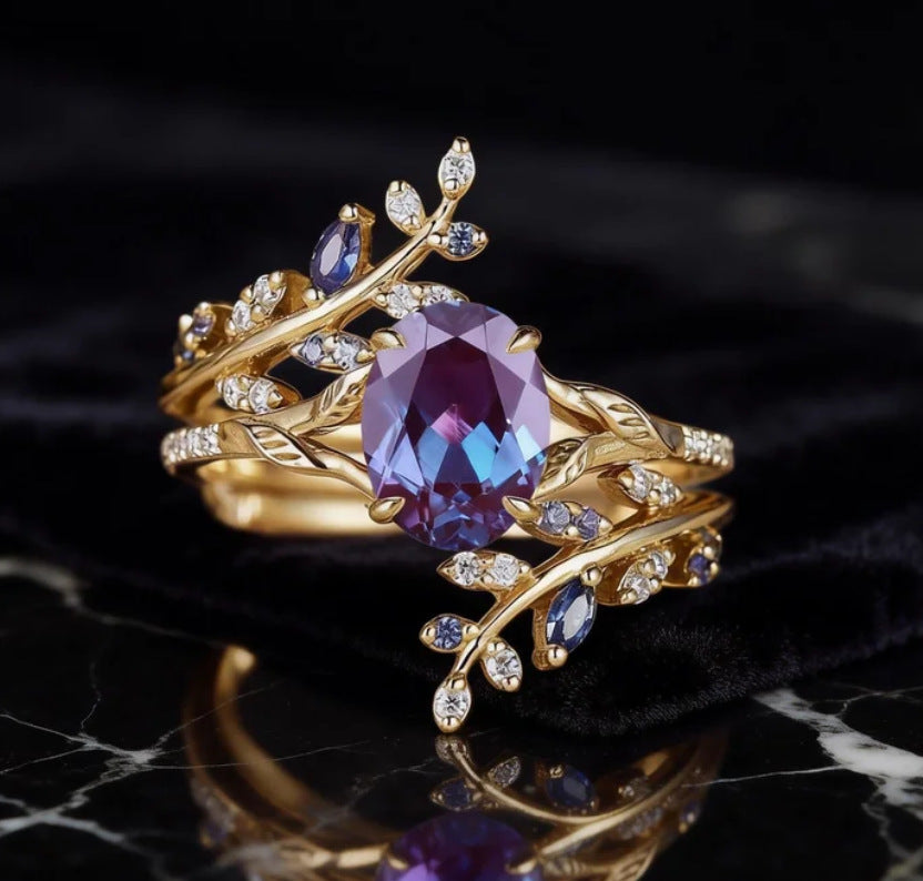 Forest Style Branch Oval Diamond Ring Set Vintage Luxury Two Piece Womens Stackable Rings
